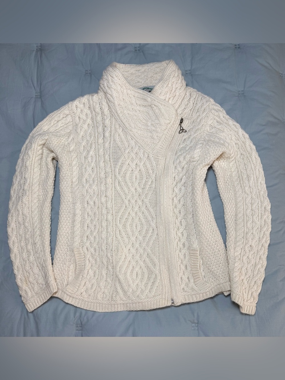 Aran Crafts Cream Cable-Knit Asymmetrical Zip Sweater
